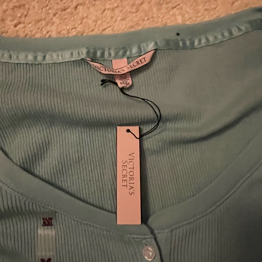 Victoria Secret Pajama Shirt Top Green Long Sleeve Ribbed, sz M - Picture 4 of 8